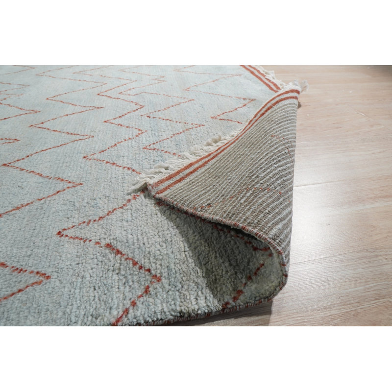 Blue Hand-Knotted Wool Open Zigzags Geometric Modern Contemporary Carpet Rug, 9' x 12'