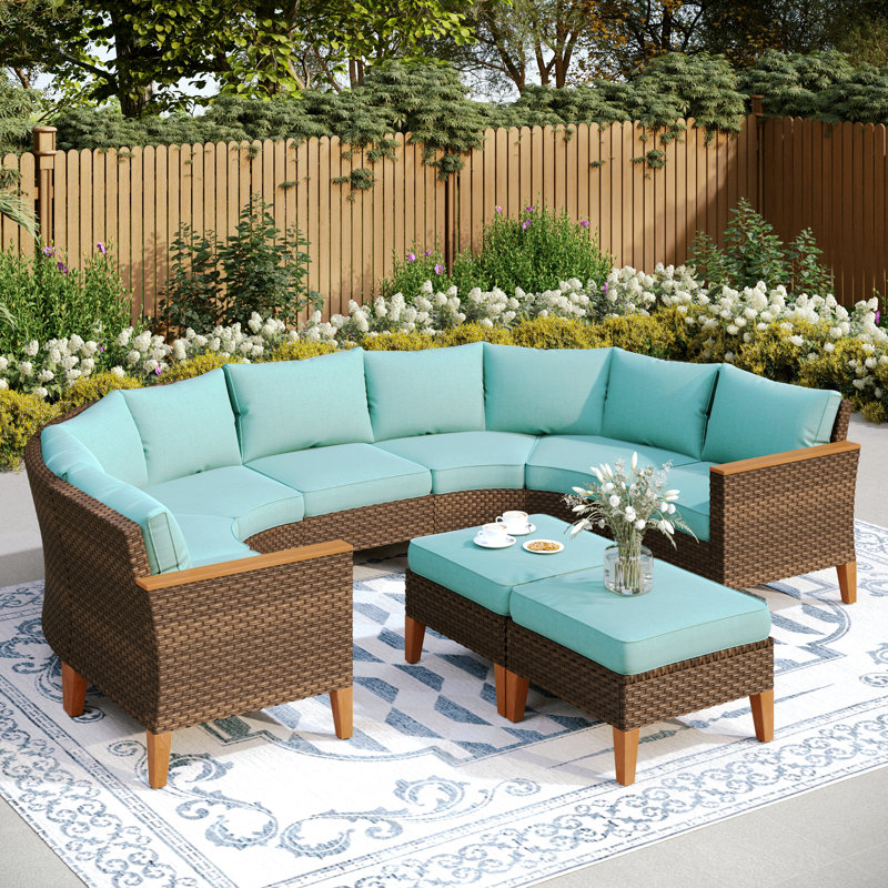 Argyri Wicker Outdoor Patio Conversation Furniture Sectional Set with Cushions, Blue