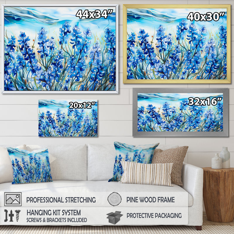 «Calming Blue Bonnets Floral Field II», impressions sur toile de champ de fleurs, H 34 po x l 44 po x P 0,5 po