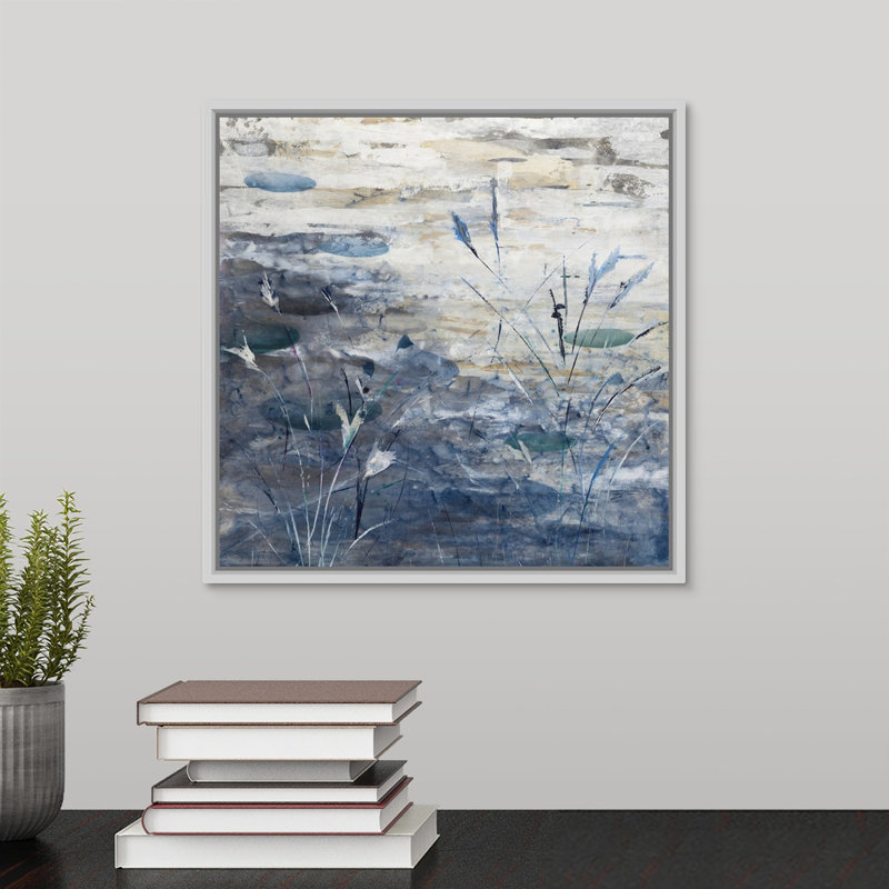 «Pond», peinture sur toile, Cadre flottant blanc, H 13,7 po x l 13,7 po x p 1,75 po