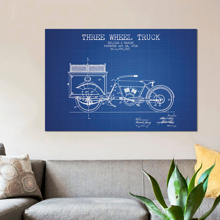 « william s. harley, esquisse brevetée à trois roues », reproduction d’impression sur toile dans une grille bleue