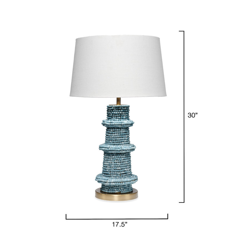 Rowan Wood Beaded Table Lamp with Linen Shade, Blue, Blue