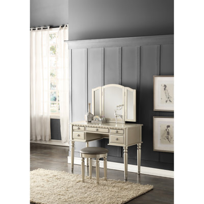 Meuble-lavabo de style classique - argenté, 5 tiroirs, tabouret inclus, fabrication en bois d'hévéa de couleur argent contemporaine, miroir pliable, rangement de tiroir