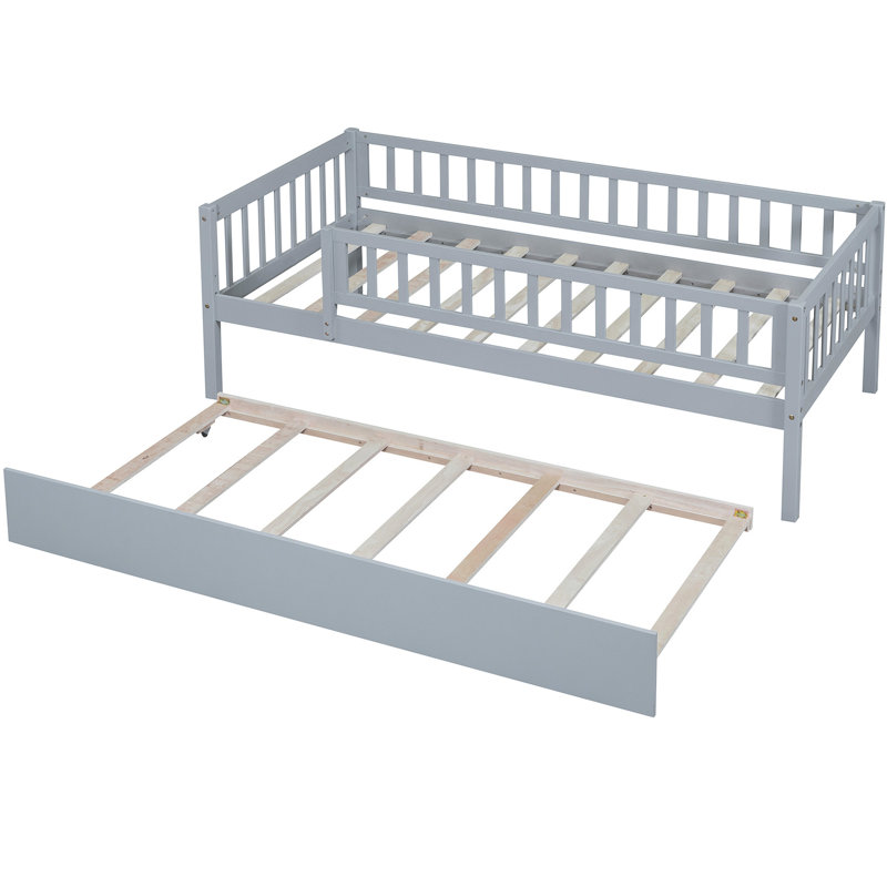 Lit de jour simple en bois avec couchette et barrière de sécurité grise - Repose-pieds solide d'apparence élégante, Gris