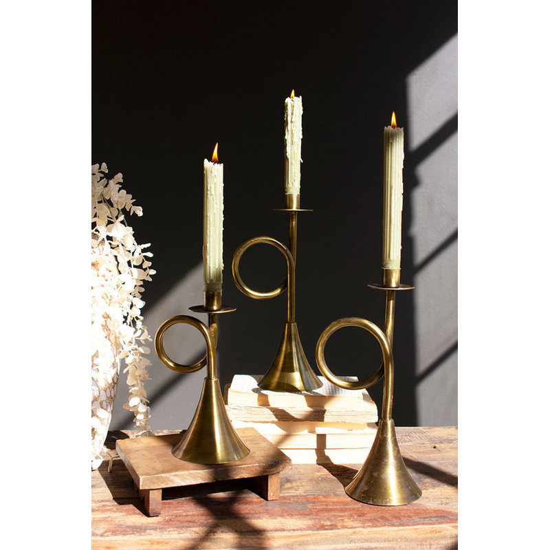  Trumpet-Shaped Antique Brass Taper Candle Holders Set of 3, 12" H