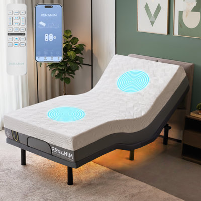 Renanim SerenityFlex Adjustable Bed with 14" Memory Foam Mattress, Massage, USB, Remote & App