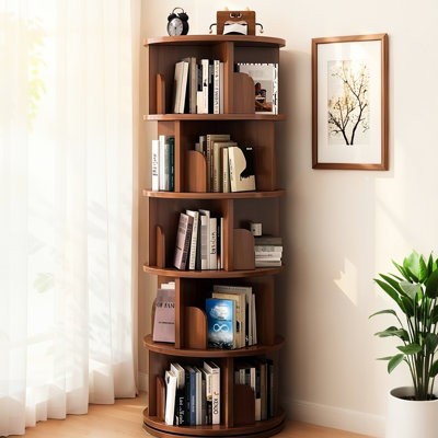 Étagère ronde pivotante à 5 niveaux (360°) pour chambre, bureau ou salon - Noyer, élégante et offrant un grand espace de rangement.