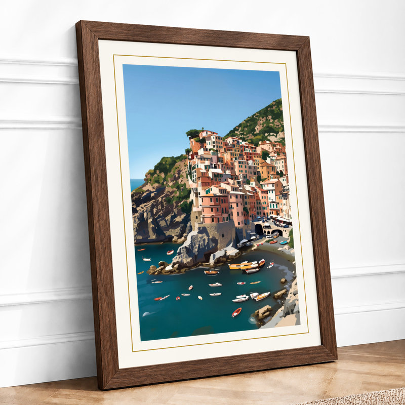 Village Hillside Coastal - Framed Print, A4 - 29.7 x 21.0 cm, Walnut