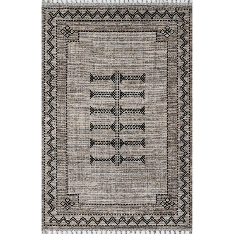 Black and Beige Synthetic Flat Woven Rectangular Rug