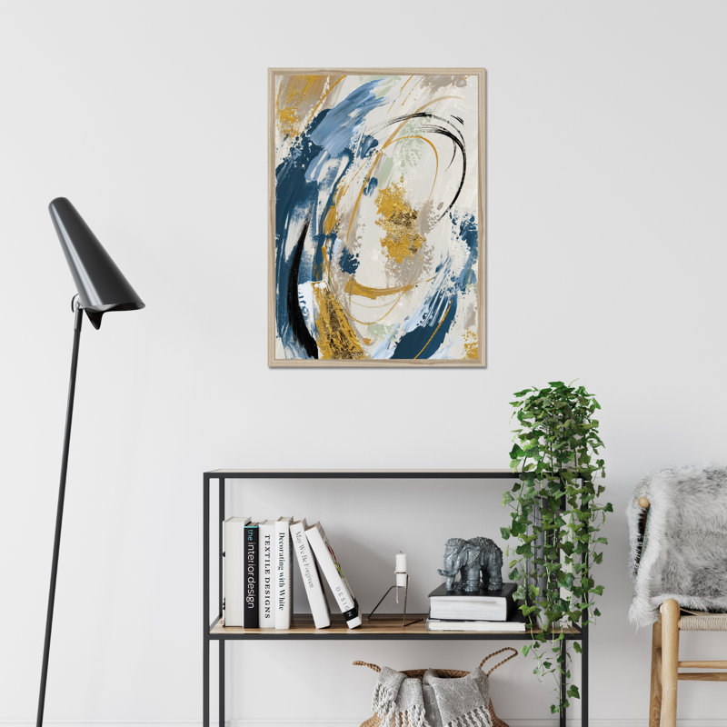 Blue Yellow Abstract - Painting, 80cm H x 55cm W x 2.3cm D, Natural Wood Framed Paper Print