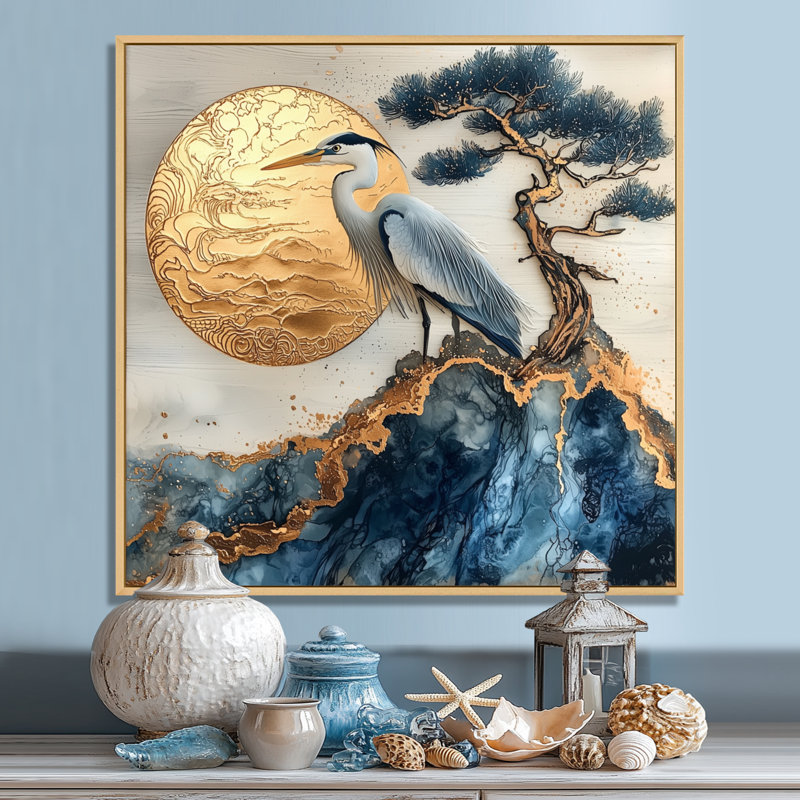 Aubreana héron à l'encre de chine dorée paysage IV - héron, art mural, H 16 po x l 16 po, Crème, crème