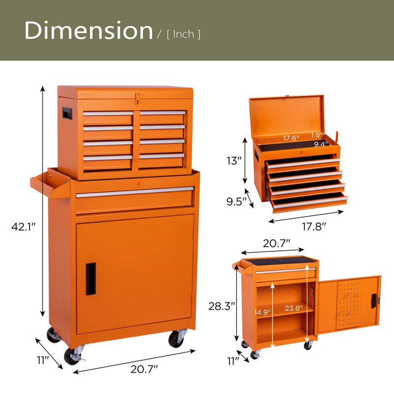 Coffre à outils, armoire de rangement à outils à 5 tiroirs avec coffre à outils amovible, doublure, roues verrouillables universelles, tablette réglable, mécanisme de verrouillage, chariot à outils en métal pour atelier de garage