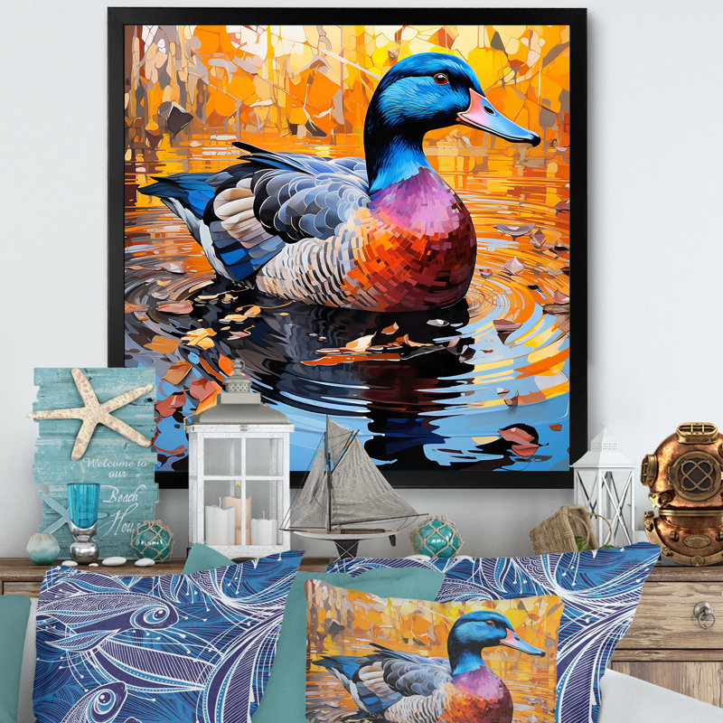 «Duck Morning Quack Lake II», art mural canard, Cadre simple noir, H 16 po x l 16 po x P 1 po