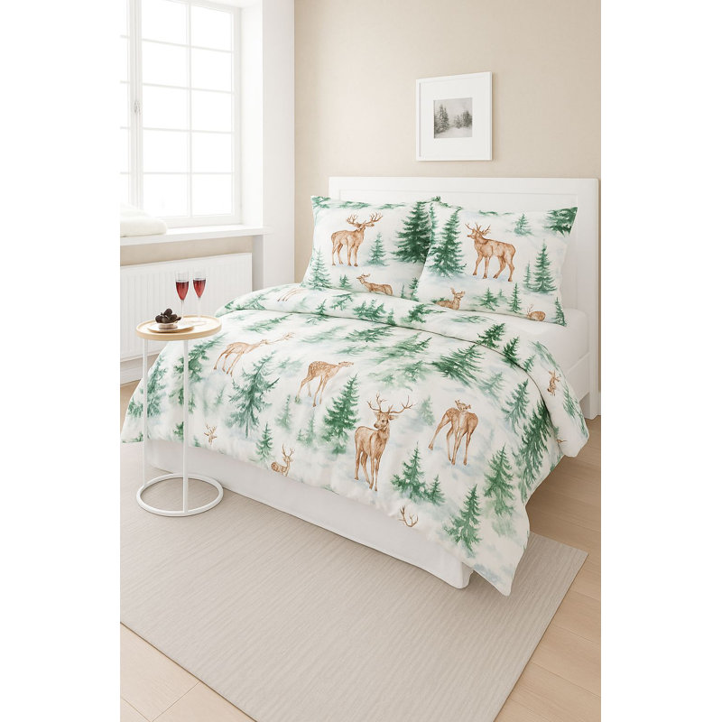 King Quilt Cover Set (3 Pieces), White & Green & Brown, 102.4 x 86.6 inches | 70% Cotton / 30% Polyester, 145 Thread Count | Machine Washable, Button Closure Duvet & Envelope Pillowcase | Elegant Home Bedding
