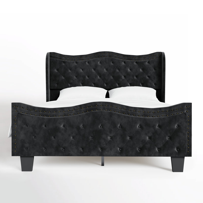 Mordern Glam Tufted Velvet Wingback Platform Bed, Black