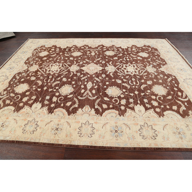 Tapis brun en laine noué à la main de conception unique 8 pi 0 po x 9 pi 11 po Gattlin