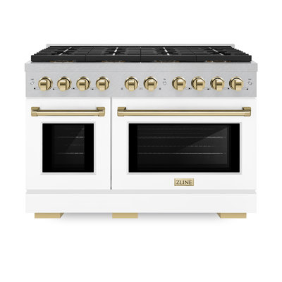 ZLINE Autograph Edition 48 in. 6.7 cu. ft. Paramount Gas Range W/ 8 Burner DuoPro Cooktop and Dual Ovens in Satin Stainless Steel W/ White Matte Doors and Polished Gold Accents