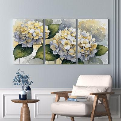 Hydrangea, art mural aquarelle sur toile, ensemble de 3 panneaux pour le salon ou la chambre à coucher