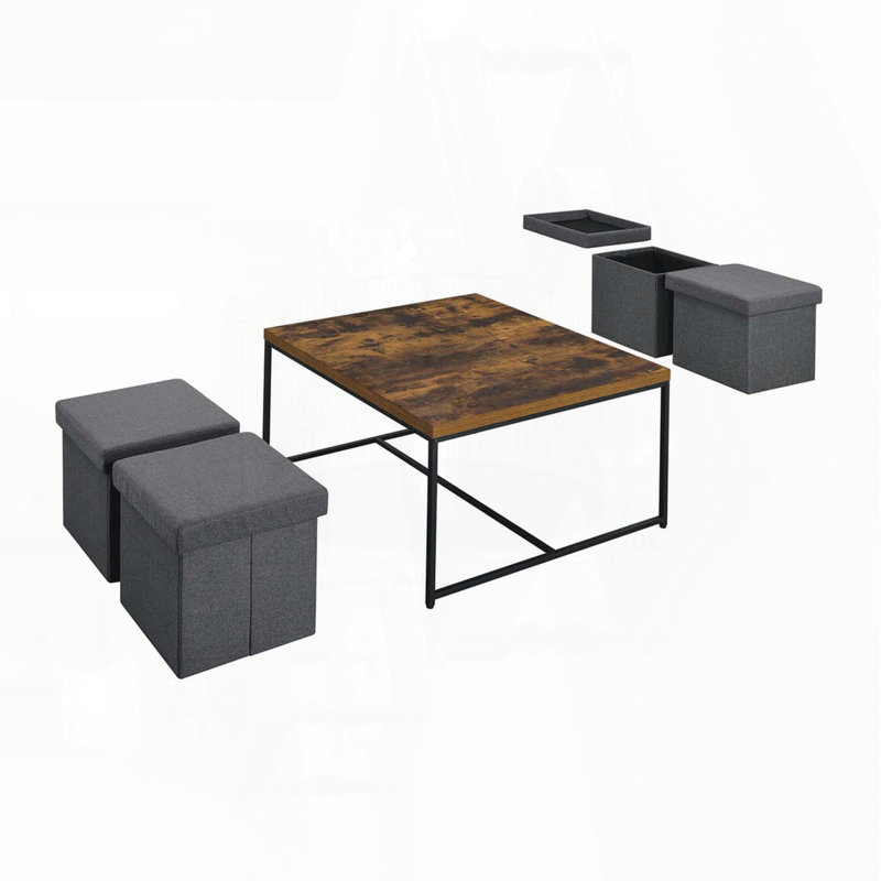 Ensemble de 5 tables basses avec 4 tabourets de rangement Caterina - Chêne vieilli