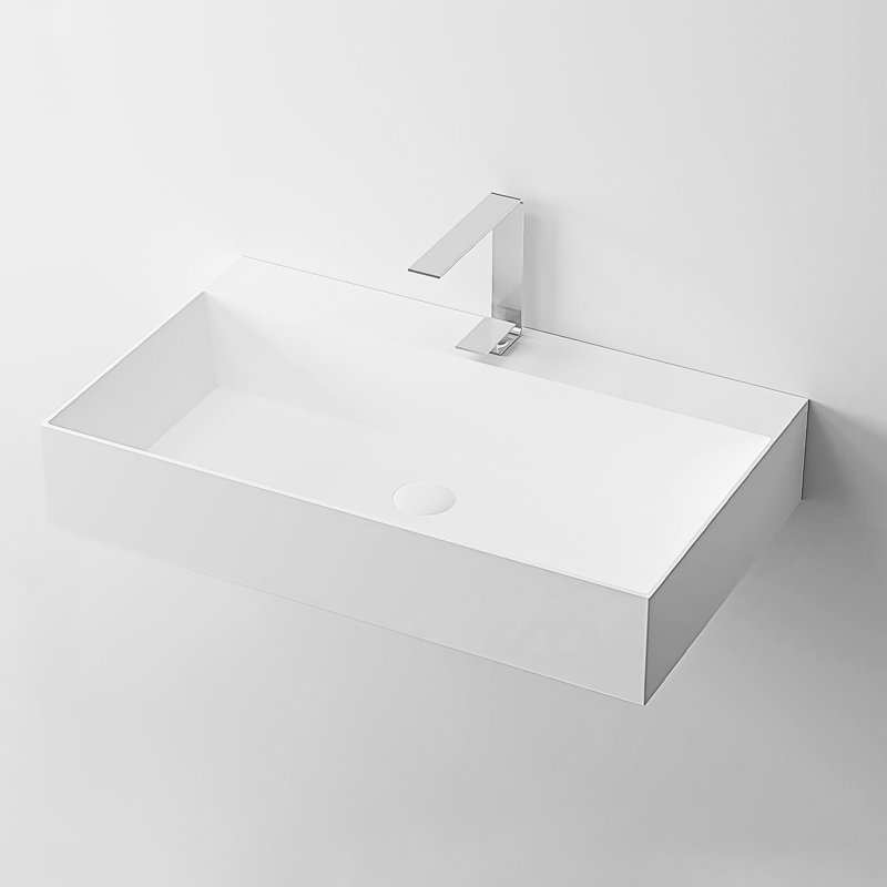 36" X 18" Matte White Wall Mounted Solid Surface Rectangular Vessel Sink With Faucet Hole. Spacious Bathroom For Stylish Bath Themes. Construction Feature. Easy Installation Pledge Rectangle Busy