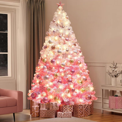 7.5ft Pre-lit Artificial Christmas Tree with 550 Incandescent Warm White Lights, Snow Flocked Full Prelighted Xmas Tree with 1284 Branch Tips & Foldable Stand, Pink Gradient