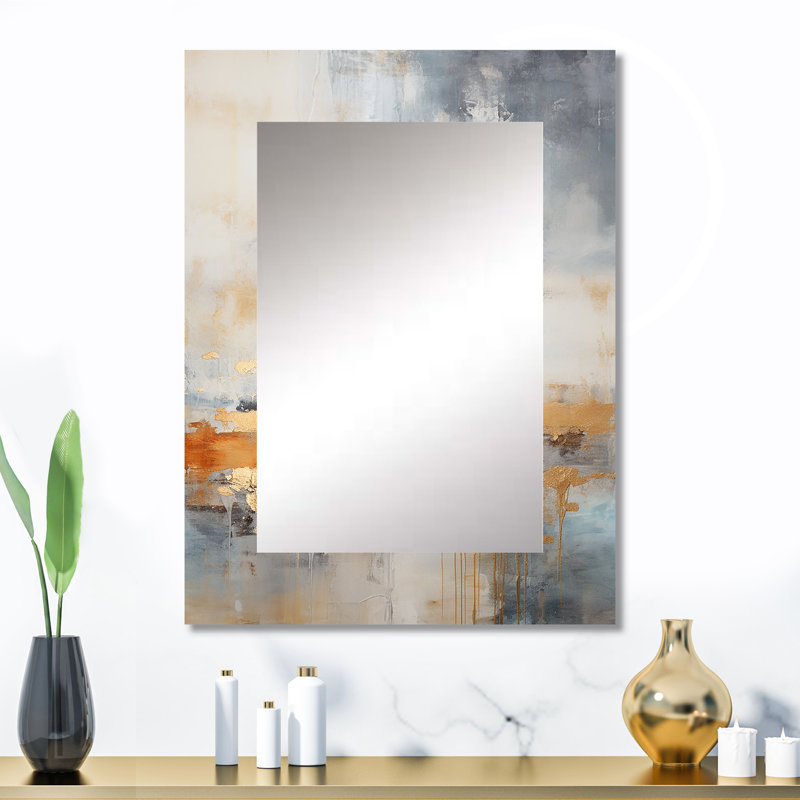 Minimalism Beige And Gold Wave Horizon I - Coastal Large Wall Mirror, Beige Decorative Mirror, Printed Metal Art, 32" x 24"