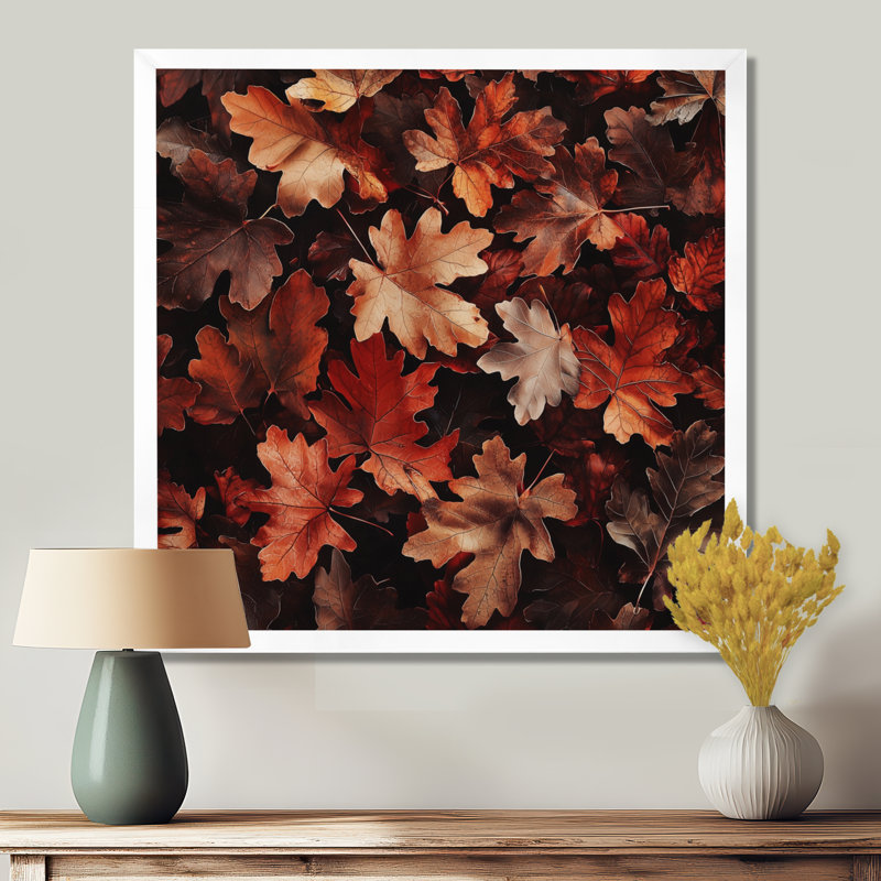 «Red Falling Oak Leaves II», reproduction d'art sur toile florale, H 30 po x l 30 po, Reproduction encadrée d'une seule photo