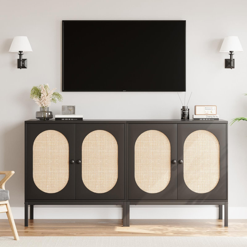 Rattan Buffet Storage Cabinet with Adjustable Shelves, Small Accent Cabinet 2-Tier Sideboard, Black