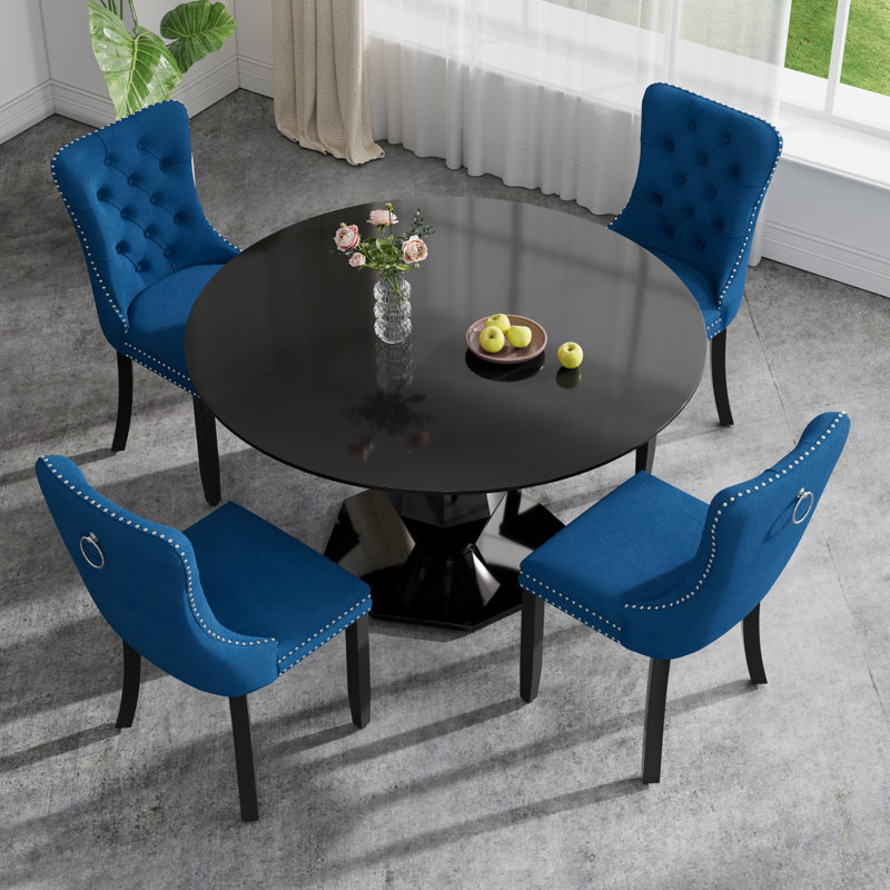 Ensemble de salle à manger rond de luxe avec chaise capitonnée, Bleu, H 30 po x L 47 po x l 47 po