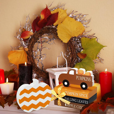 5 pièces décorations d'automne pour la maison automne plateau à plusieurs niveaux décorations de la table de l'Action de grâce 3 mini-livres de faux décoratifs avec ficelle en bois rustique citrouille camion pour tablette