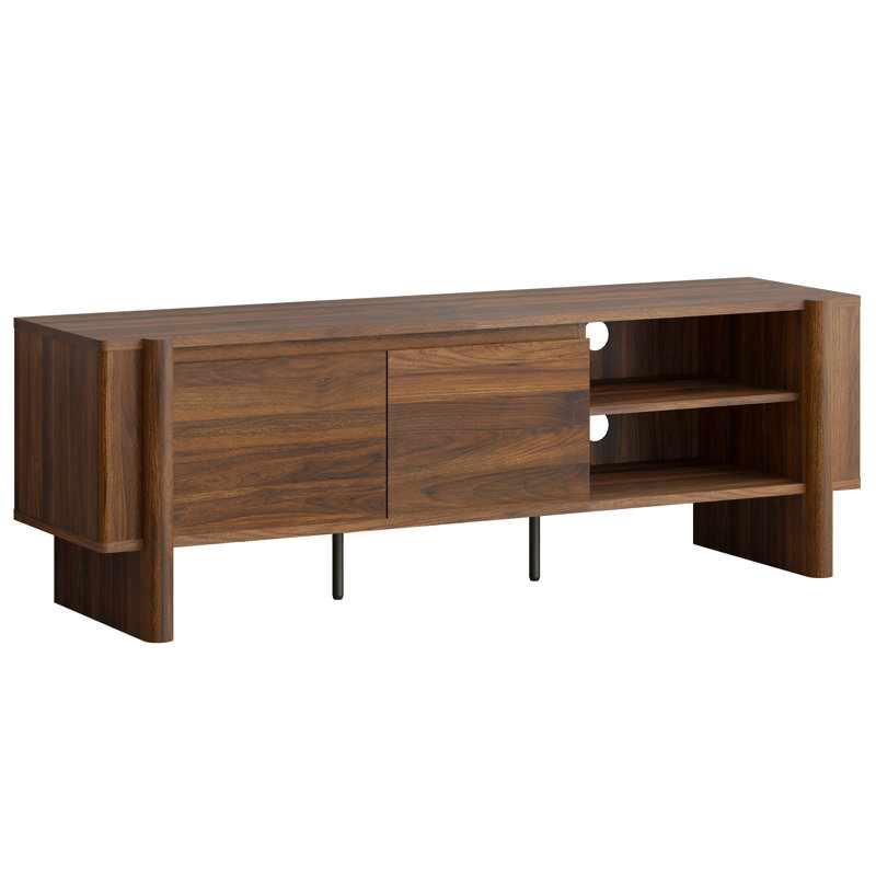 Meuble télé 59 po pour téléviseur de 65 po ou moins avec armoires de rangement et tablettes ouvertes, console média en bois