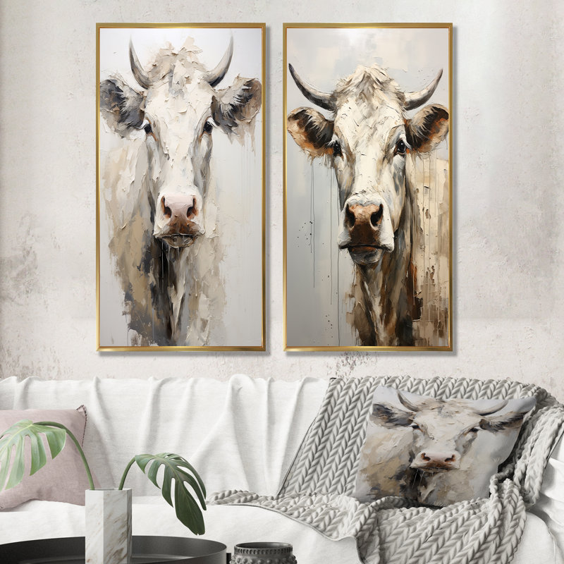 Portrait de vache beige minimalisme - ensemble de 2 impressions sur toile de vache, H 28 po x l 25 po, Encadrement doré