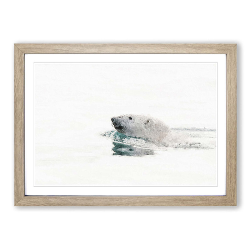 Polar Bear Swimming - Picture Frame Painting Print on MDF, Oak Framed, 48cm H x 65cm W x 2cm D