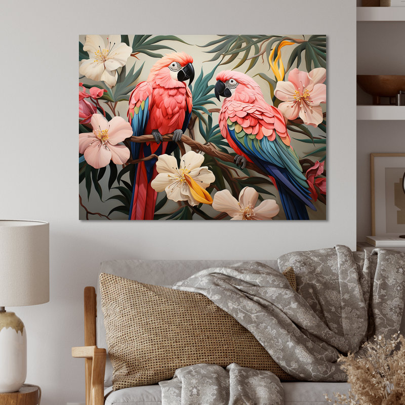 Fleurs tropicales roses et bleues, art mural perroquet en métal III, H 16 po x l 32 po x P 1 po
