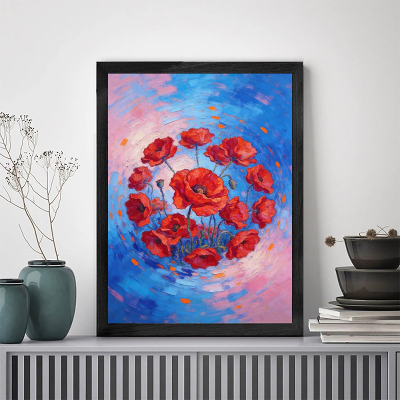 Art encadré noir coquelicots cramoisis sous un ciel de rêve, impression impressionniste, H 11 po x l 9 po
