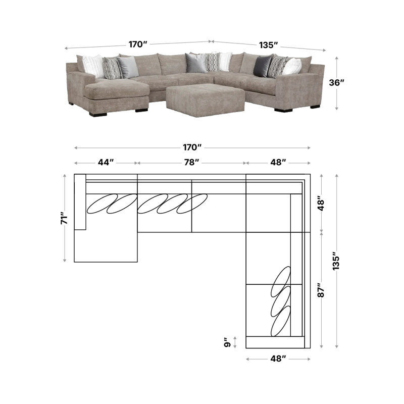 Canapé modulaire en U MOD # 505 avec 9 coussins décoratifs - Tissu argenté Verona, coussins en mélange de plumes, pieds décoratifs
