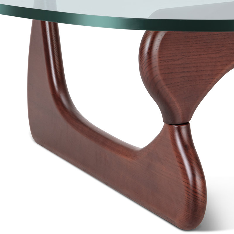 Triangle Glass Coffee Table with Wooden Base Clear Glass Top Mid-Century Abstract Glass Table, Dark Walnut