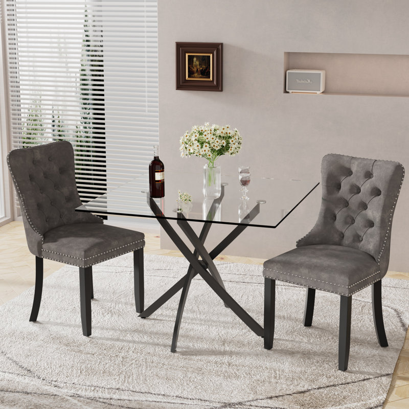 Ensemble de salle à manger à piédestal carré avec chaise capitonnée, 3, Gris