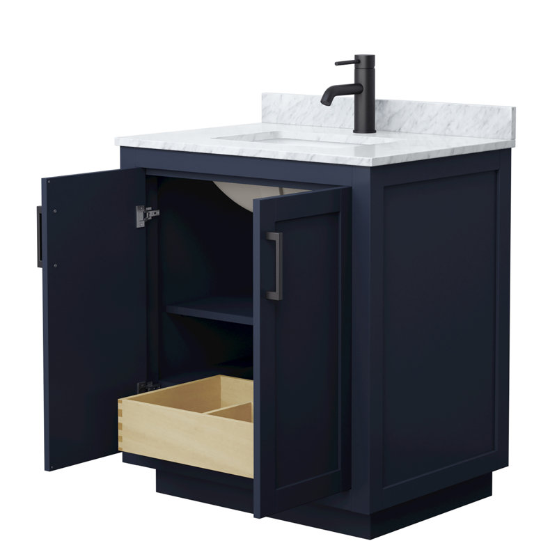 Ensemble de meuble-lavabo simple autoportant 30 po avec plateau en marbre Miranda, Bleu très foncé, Noir mat