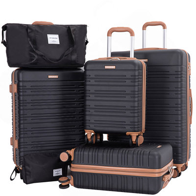 6 Piece Luggage Set, ABS Hard Shell Travel Suitcase With TSA Lock,BLACK