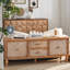Meuble télé de style années 50 pour téléviseurs de 60 pouces, avec rangement, grand plateau, tablette réglable, support décoré effet vieilli et passe-câbles.