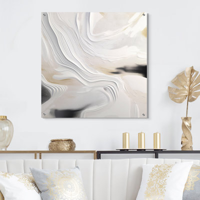 Blanc et or ondulations de pierre - art mural abstrait en marbre acrylique pour le salon