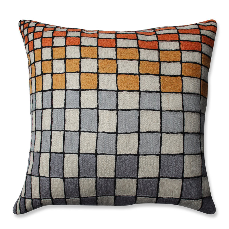 Checker Board Wool Throw Pillow, Gray/Orange/Cream