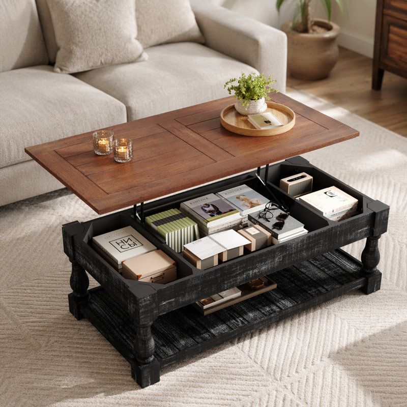 Table basse à plateau relevable rétro avec rangement pour le salon, compartiment caché et tablette inférieure, espresso et finition noire patinée