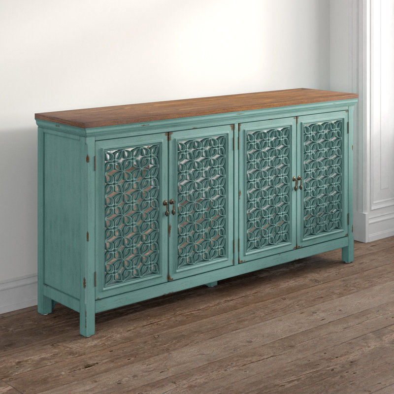 Buffet décoratif en bois massif et manufacturé Zavier, H 36,5 po x l 72 po x P 17 po, Brun / turquoise