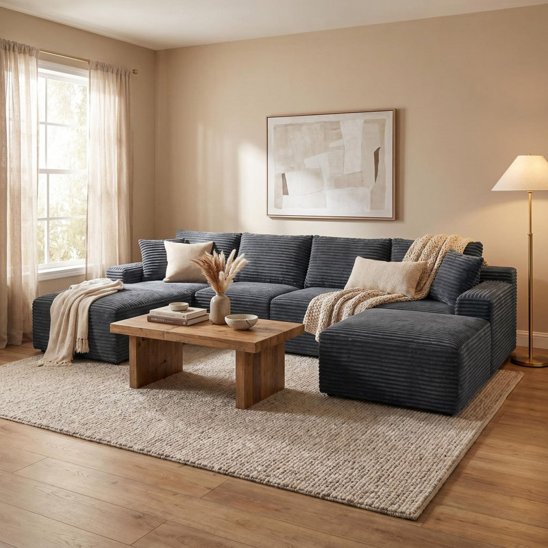 Canapé d'angle modulaire en velours côtelé de 135,4 pouces, canapé de sol rembourré avec 2 coussins décoratifs pour salon