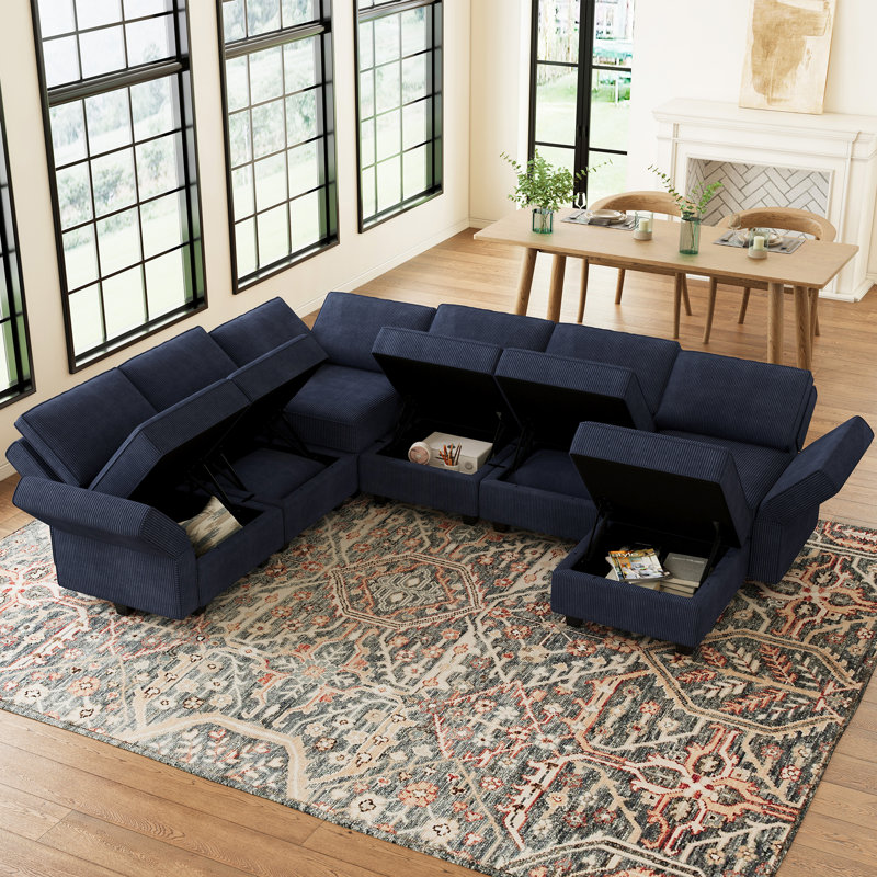 Nairoby Modular Corduroy Sectional with Storage , Blue Corduroy