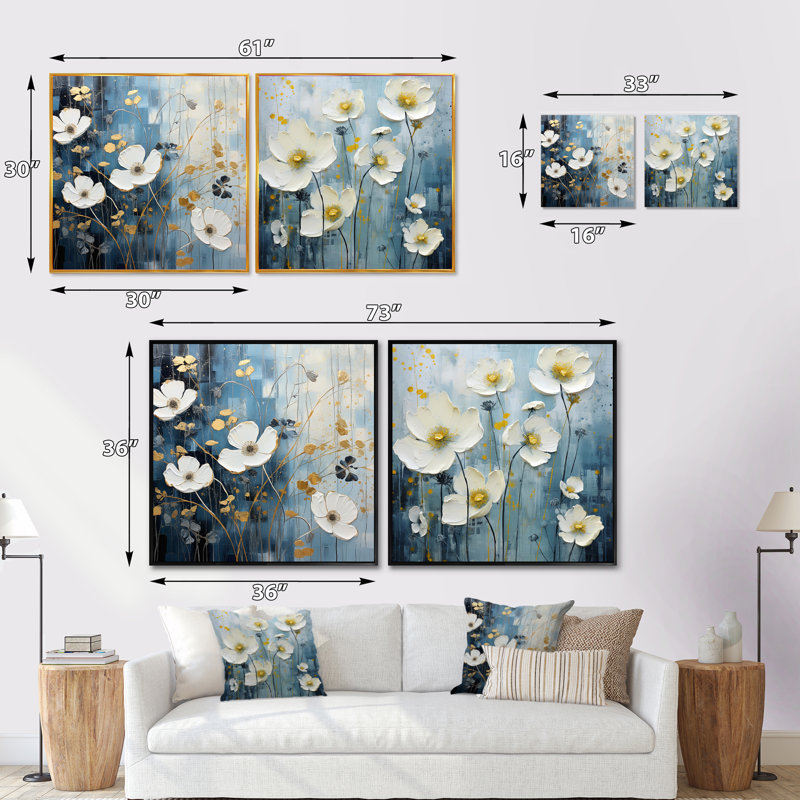 Minimalisme blanc et bleu - Ensemble de 2 collages carrés floraux, Cadre flottant noir, H 16 po x l 33 po