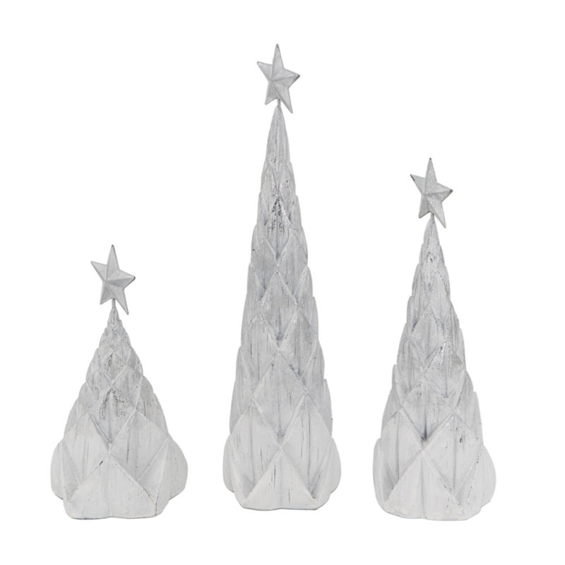 Ensemble de 3 arbres de Noël en résine blanc / argent avec plateau étoile