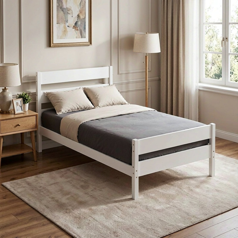 Structure de lit simple en bois d'hévéa massif avec tête et pied de lit à lattes, lit en bois robuste, aucun sommier requis